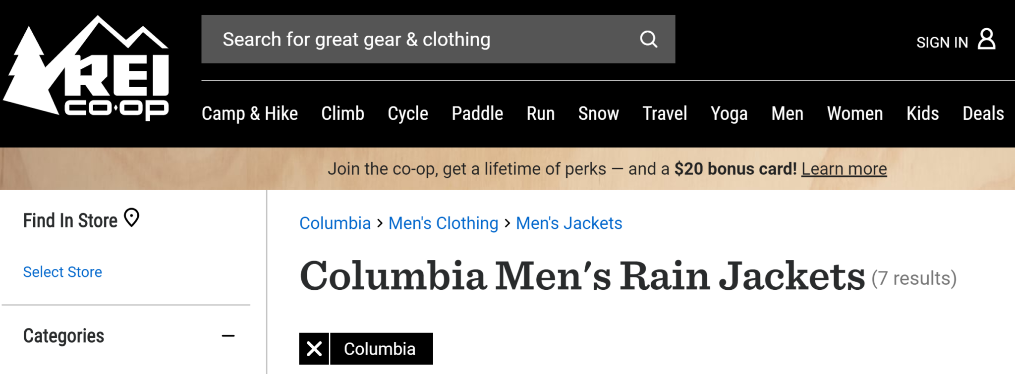 REI screenshot showing consistent category pages.