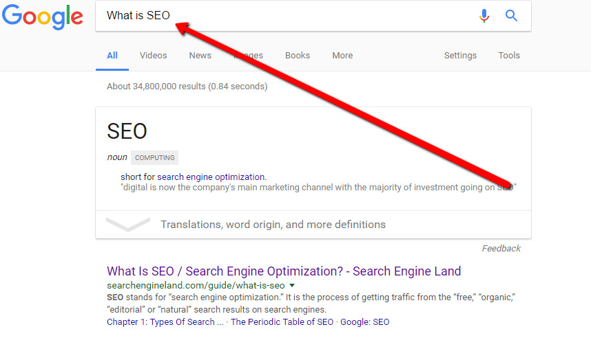 SEO terms example shown as a Google dictionary result for search engine optimization