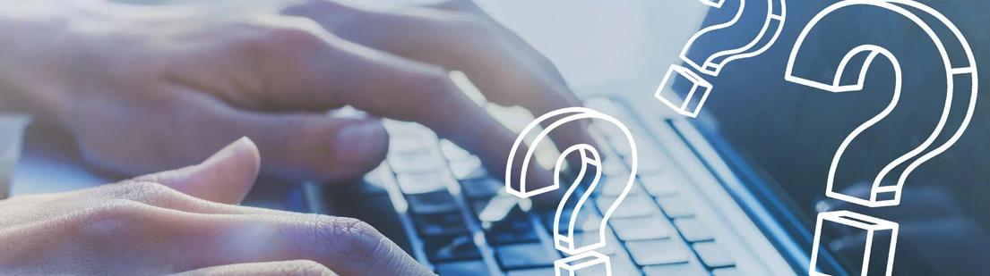 Hands type on a laptop keyboard with large outlined question marks over a blurred blue-tinted background for organic ctr