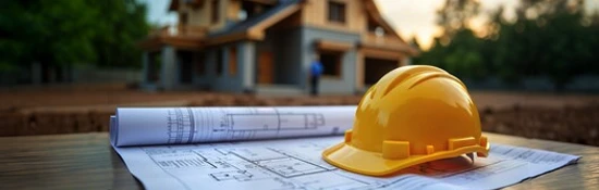 Construction blueprints, yellow hard hat, and tools laid on a worktable for a home services SEO article