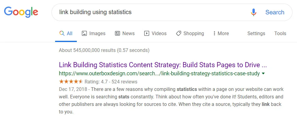 Google search result for a statistics article earning SEO visibility
