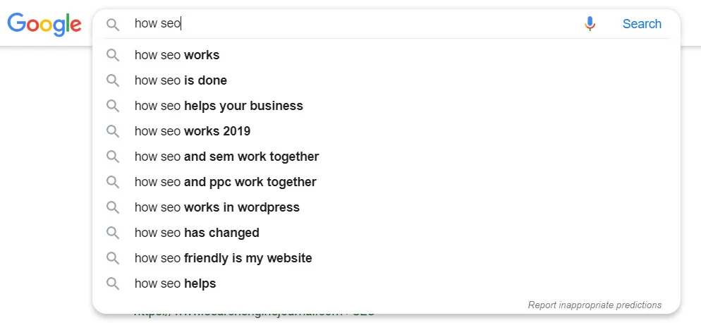 Google autocomplete suggestions for SEO content topic research