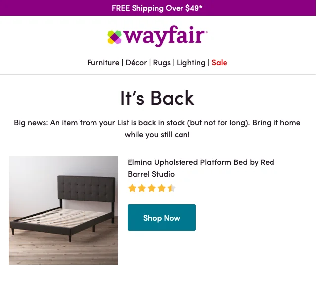 Wayfair back in stock email