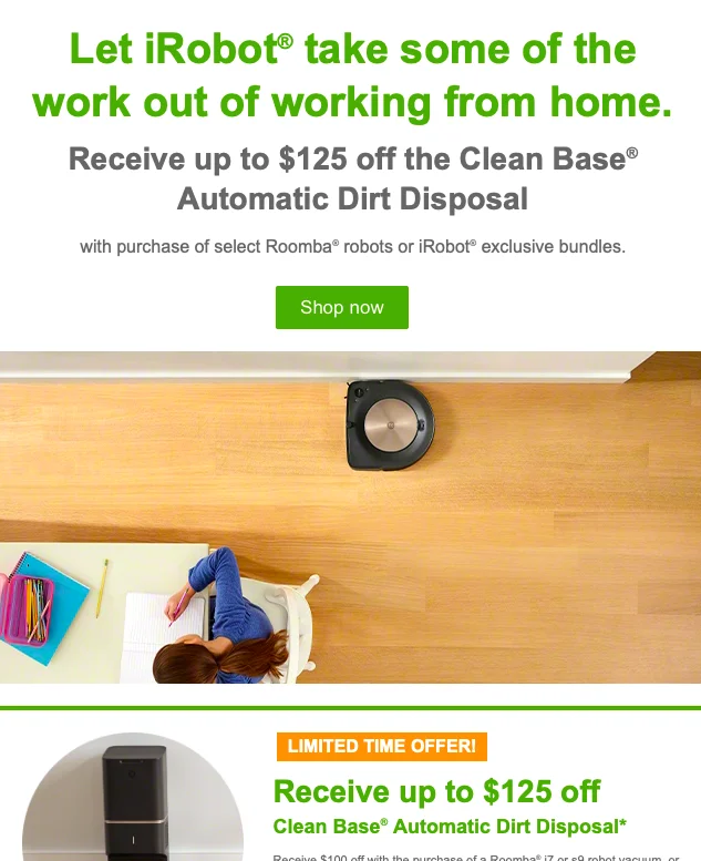 An email from Roomba with a special offer after social isolation guidelines