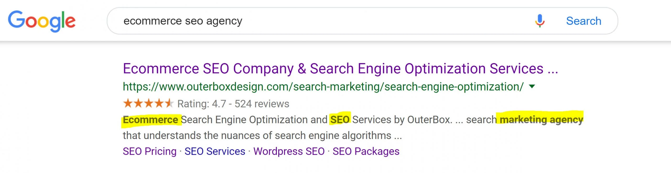 Google result with bolded SEO keywords in title and snippet