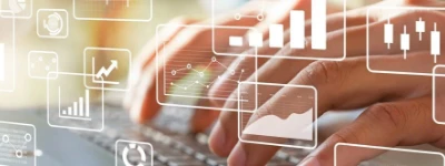 Tablet with analytics charts, graphs, and metric icons in blue tones for content planning dashboards