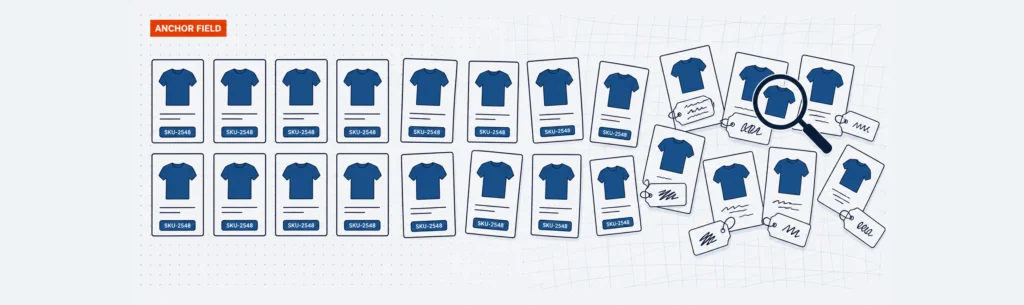 Ecommerce database design banner illustration: a wide structured product catalog grid transitioning into a chaotic catalog with mismatched tags and a magnifying glass.