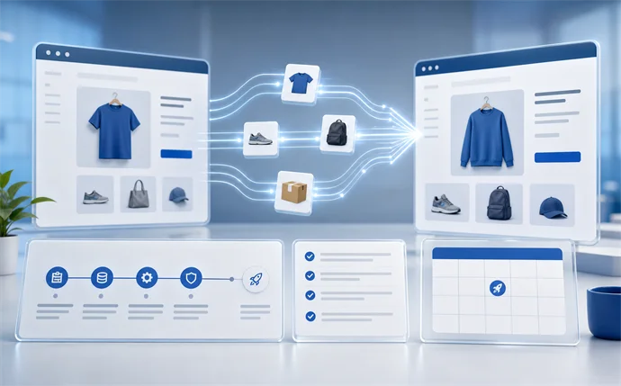 Editorial ecommerce platform migration planning visual with data and launch workflow