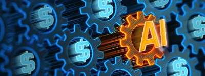 AI SEO services graphic with AI letters over blue gears