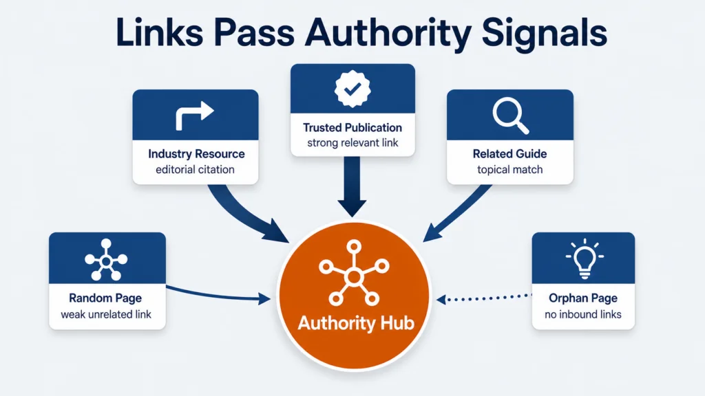 PageRank SEO infographic showing how trusted publications, resources, and related guides pass link authority into an authority hub