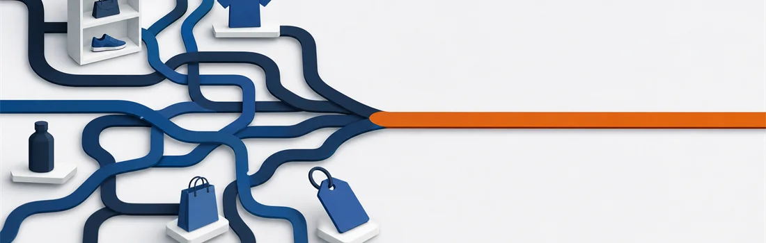 Shopify SEO issues illustration: tangled product URL paths converging into one optimized SEO path