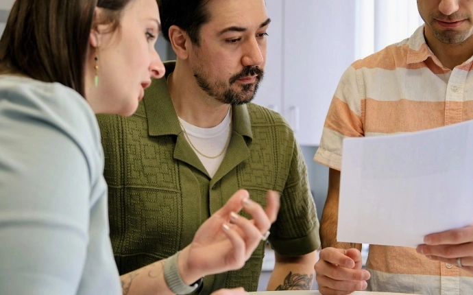 Three people reviewing a document together during an SEO audit agency team discussion