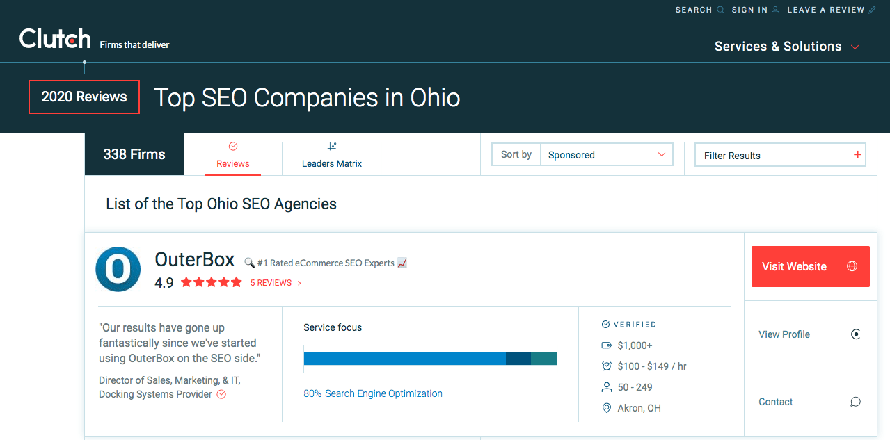 Clutch directory listing for OuterBox showing reviews and referral sources for website traffic