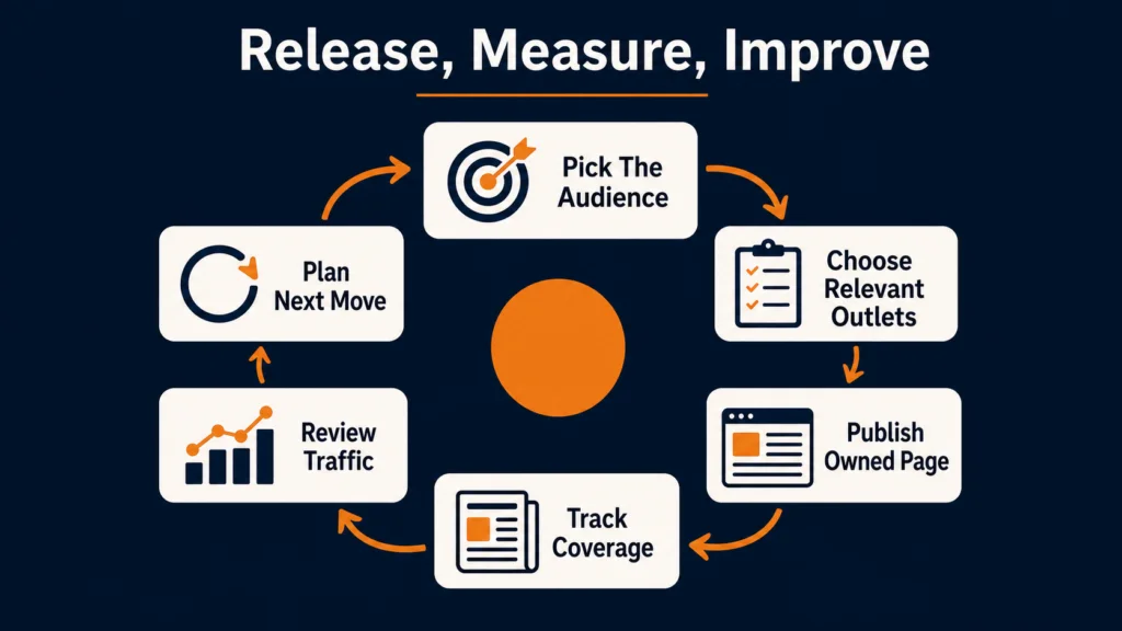 Press release SEO measurement loop for distribution, coverage tracking, referral traffic, and next-step planning