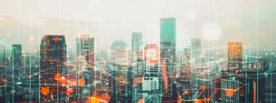 City skyline with digital network lines for link building services
