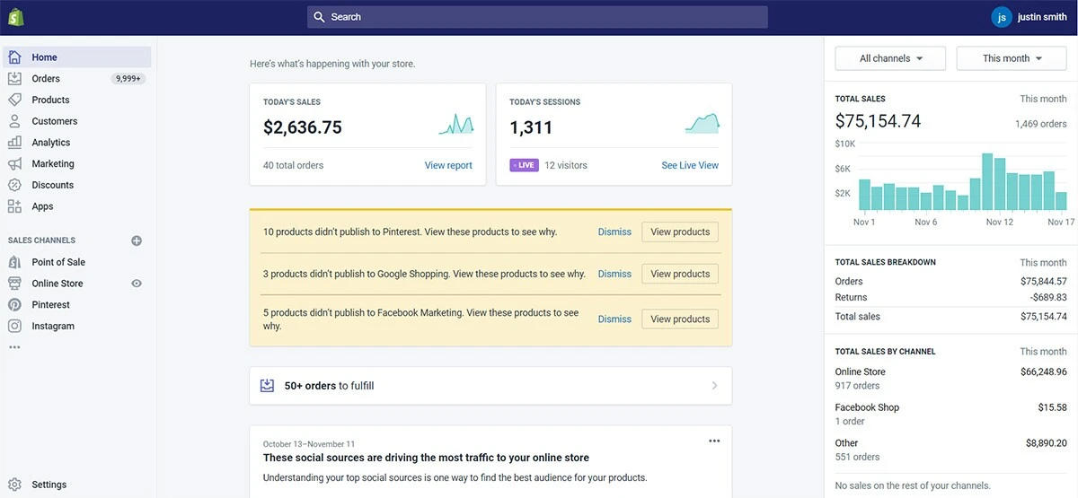 Shopify dashboard with sales, orders, and channel data for a WordPress vs Shopify comparison