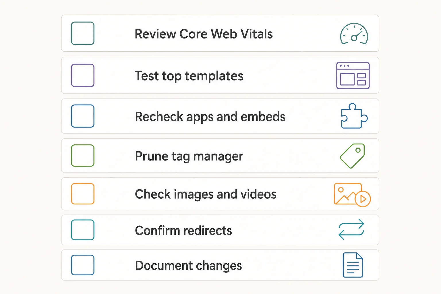 Shopify speed optimization maintenance checklist covering Core Web Vitals, themes, apps, images, and redirects