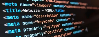 Dark code editor showing HTML meta tags and SEO snippets for an SEO Copywriting
