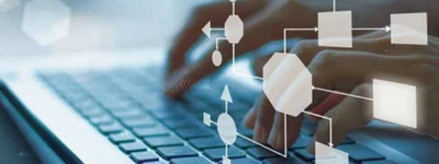 Hands typing on a keyboard with floating network and data icons for SEO migration work.