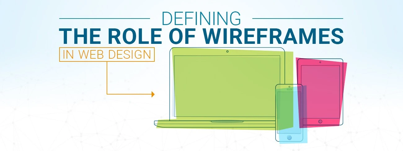 Website wireframe design concept shown with laptop, phone, and tablet layout outlines