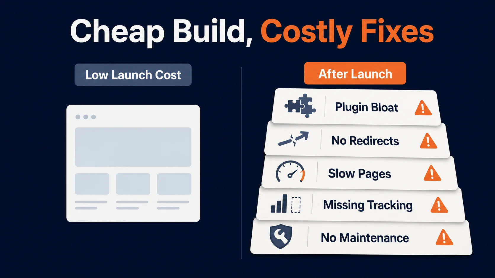 Cheap WordPress website build risks including plugin bloat missing redirects slow pages missing tracking and no maintenance