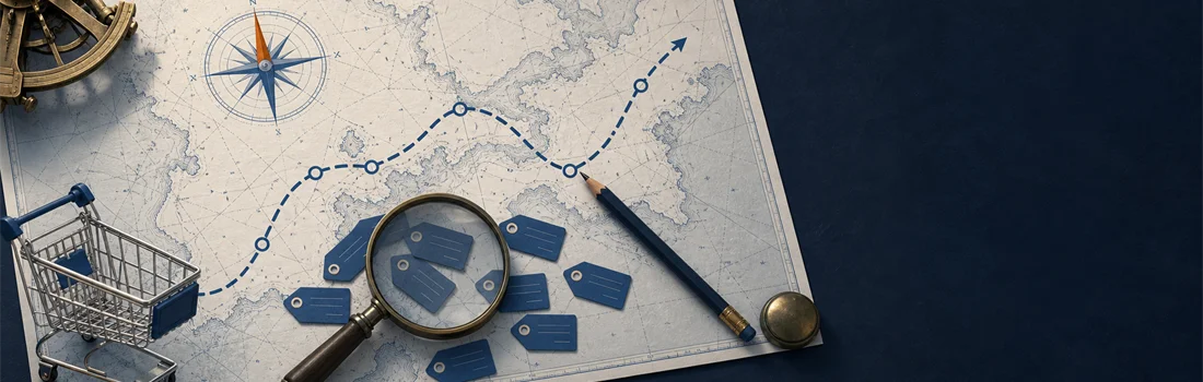Nautical chart desk with compass, magnifier, and keyword tag cards illustrating eCommerce keyword mapping