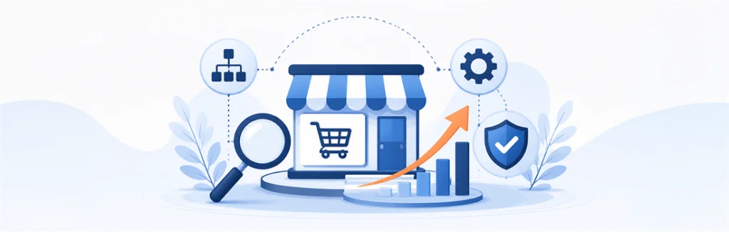 Editorial illustration of ecommerce SEO elements around an online storefront, including search, site architecture, and optimization signals