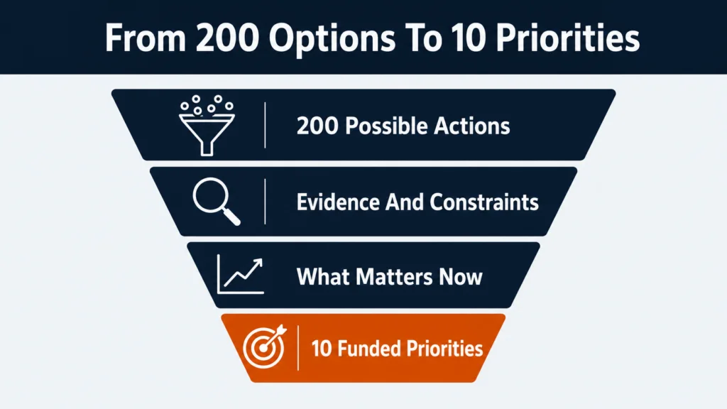 SEO prioritization funnel narrowing 200 possible actions to 10 funded priorities