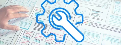 Industrial web design planning graphic with wireframes, gear, and wrench